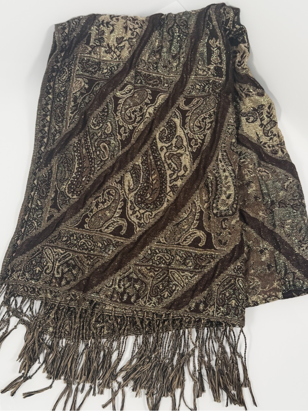 Vintage Lane Bryant Metallic Paisley Scarf Brown Gold Fringe One Size
